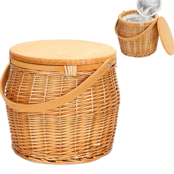 New! Chic insulated wicker picnic basket cooler with wooden lid and handle - Picture 2 of 6